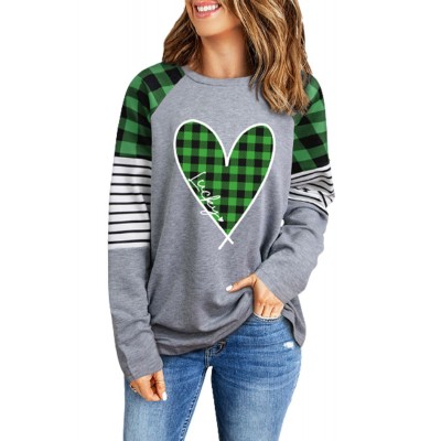 Green Lucky Plaid Heart Striped Color Block Long Sleeve Top