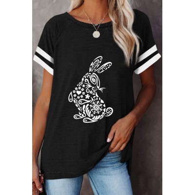 Black Bunny Pattern Print Color Block Short Sleeve T Shirt