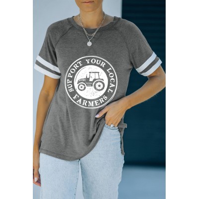 Gray Support Your Local Farmers Car Print Graphic T Shirt