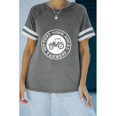 Gray Support Your Local Farmers Car Print Graphic T Shirt