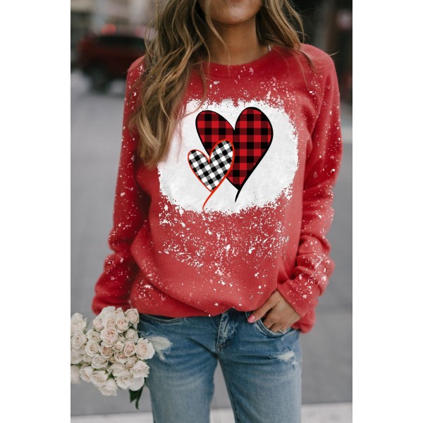 Plaid Heart Ink Splash Print Pullover Sweatshirt