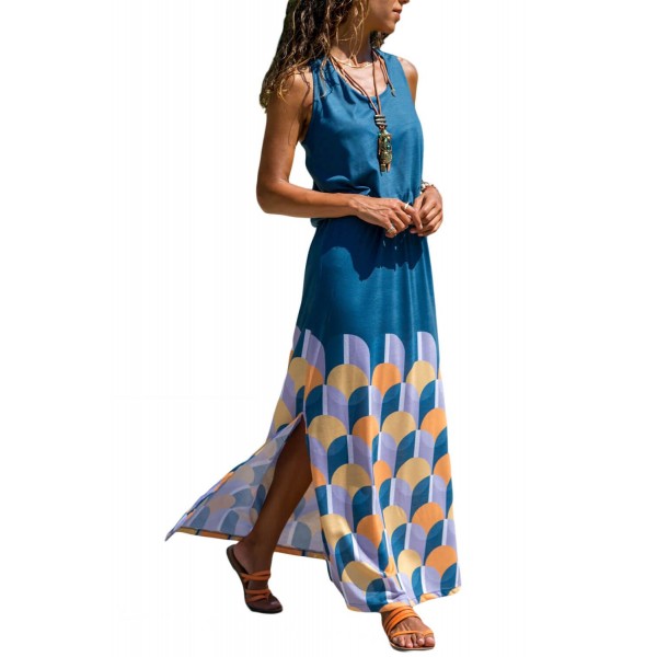 Blue Twist Hollow-out Back Long Tank Dress with Print