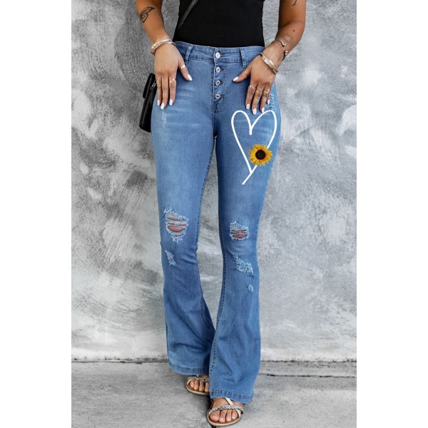 Sky Blue Sunflower Heart Print Button Fly Distressed Flare Jeans
