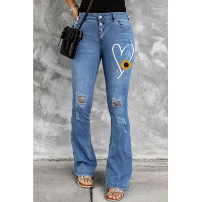 Sky Blue Sunflower Heart Print Button Fly Distressed Flare Jeans
