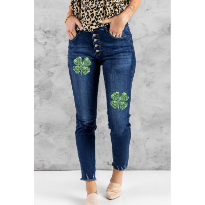 Blue Leopard Clover Print Button-fly High Waist Jeans