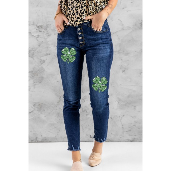 Blue Leopard Clover Print Button-fly High Waist Jeans