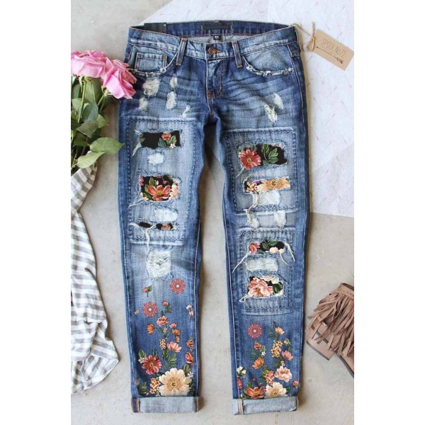 Sky Blue Floral Pattern Patched Straight Jeans