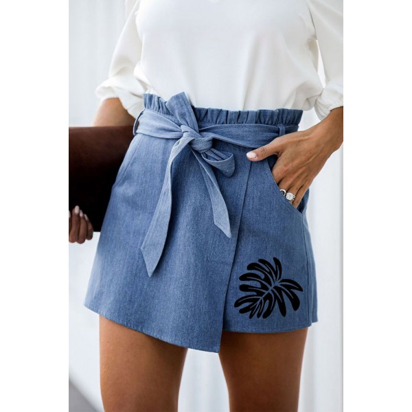 Sky Blue Palm Leaves Print Belted Paperbag Waist Denim Shorts