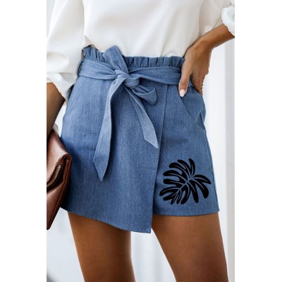 Sky Blue Palm Leaves Print Belted Paperbag Waist Denim Shorts