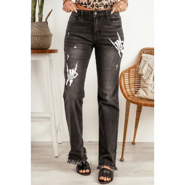 Black Skeleton Print Raw Hem High Waist Jeans