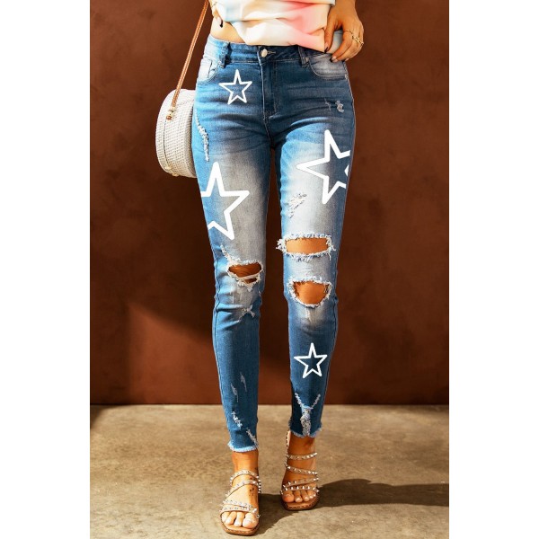 Sky Blue Star Print Mid Rise Ripped Skinny Ankle Jeans
