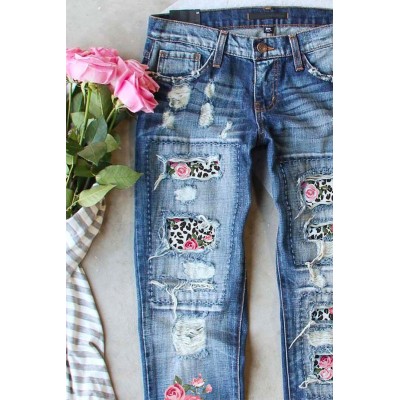 Sky Blue Floral Leopard Patchwork Slim Fit Distressed Jeans
