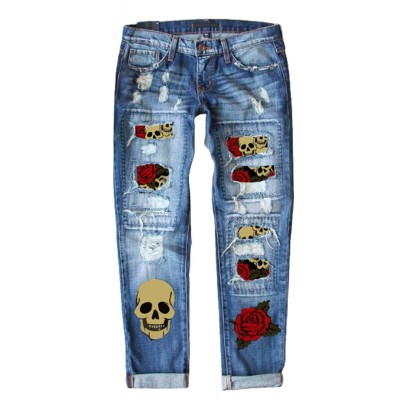 Sky Blue Rose Skull Patchwork Ripped Jeans