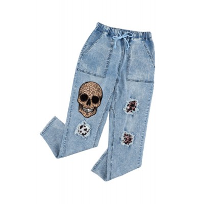 Leopard Skull Patchwork Pocketed Jeans