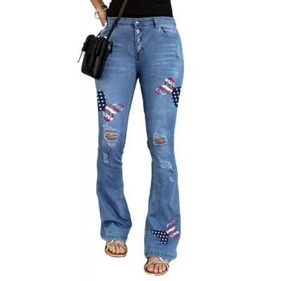 Sky Blue Flag Butterfly Print Distressed Flare Jeans
