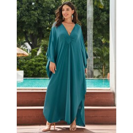 Women's Long Kaftan Beach Bikini Blouse Solid Color V-neck Man Cotton Handwoven Resort Robe Dress Seaside Vacation Sunscreen