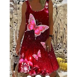 Plus Size Butterfly Print Tank Dress, Casual Sleeveless Dress For Spring & Summer, Women's Plus Size Clothing