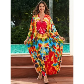 Women's long beach cover up with printed holiday robe, loose cover up with deep V-neck and side slit casual swimsuit cover up