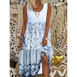 Plus Size Boho Dress, Women's Plus Colorblock Ditsy Floral Print Round Neck Smock Tank Dress