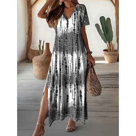 Plus Size Tie Dye V Neck Split Dress, Vacation Style Short Sleeve Dress For Spring & Summer, Women's Plus Size Clothing