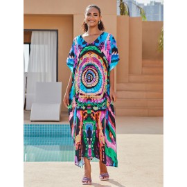 Women's Bohemian Style Printed Beach Cover Up Long Dress Holiday Long Dresses Dresses V-Neck Four Sides Elastic Loose Large Size Ethnic Style Swimwear Cover Up Casual Home Holiday Clothing