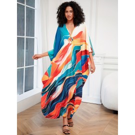 Plus Size Allover Print Loose Kaftan Dress, Casual V Neck Batwing Sleeve Coverup Maxi Dress, Women's Plus Size Clothing