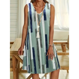 Plus Size Stripe Print Tank Dress, Casual V Neck Sleeveless Dress, Women's Plus Size Clothing