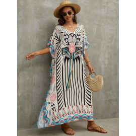 Women's Human Cotton Beach Cover-up Bohemian Positioning Printed Holiday Robe Dress V-Neck Loose Large Size Swimwear Cover-up Ethnic Style Casual Home Holiday Dresses