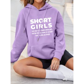 Plus Size Casual Sweatshirt, Women's Plus Slogan Print Long Sleeve Drawstring Hooded Pullover Sweatshirt With Kangaroo Pockets, Casual Tops For Fall & Winter, Plus Size Women's Clothing