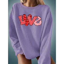 Plus Size Love Print Crew Neck Pullover Sweatshirt, Casual Long Sleeve Sweatshirt For Fall & Winter, Women's Plus Size Clothing