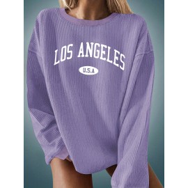 Plus Size Los Angeles Print Crew Neck Pullover Sweatshirt, Casual Long Sleeve Sweatshirt For Fall & Winter, Women's Plus Size Clothing