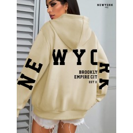 Plus Size NEW YORK Print Kangaroo Pocket Hoodie, Casual Long Sleeve Drawstring Hoodies Sweatshirt For Spring & Fall, Women's Plus Size Clothing