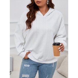 Plus Size Casual Sweatshirt, Women's Plus Solid Cable Textured Long Sleeve Drop Shoulder Hoodie