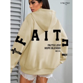 Plus Size FAITH Print Kangaroo Pocket Hoodie, Casual Long Sleeve Drawstring Hoodies Sweatshirt For Spring & Fall, Women's Plus Size Clothing