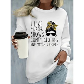 Plus Size Cartoon Print Crew Neck Pullover Sweatshirt - Soft Slight Stretch Polyester Material, Casual Long Sleeve Fall/Winter Wear, Hand Wash Only, Positioning Printing, Knit Fabric - Womens Cozy Autumn/Winter Casual Clothing