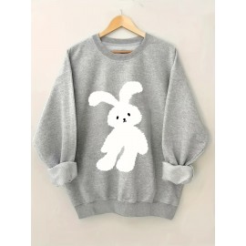 Plus Size Cartoon Bunny Print Pullover Sweatshirt - Soft Slight Stretch Polyester Crew Neck Casual Top for Fall and Spring - Womens Cozy Knit Fabric Clothing with Positioning Printing