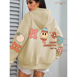 Plus Size Graphic Print Kangaroo Pocket Hoodie, Casual Long Sleeve Drawstring Hoodies Sweatshirt For Spring & Fall, Women's Plus Size Clothing