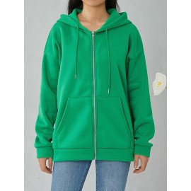 Plus Size Solid Color Hooded Sweatshirt, Casual Long Sleeve Zipper Front Pockets Drawstring Sweatshirt For Spring & Fall, Women's Plus Size Clothing