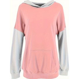 Plus Size Colorblock Kangaroo Pocket Hoodie, Casual Long Sleeve Hooded Sweatshirt, Women's Plus Size Clothing