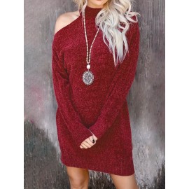 Plus Size Casual Sweater Dress, Women's Plus Solid Long Sleeve Cut Out Mini Sweater Dress