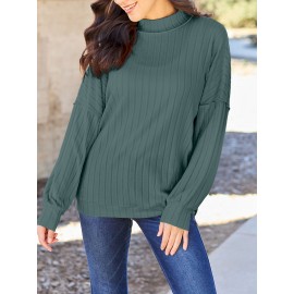 Full Size Ribbed Exposed Seam Mock Neck Knit Top