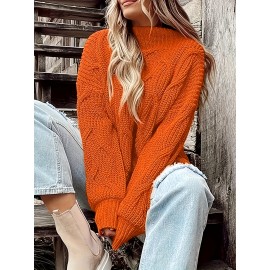 Plus Size Solid Color Crew Neck Sweater, Casual Lantern Long Sleeve Sweater For Fall & Winter, Women's Plus Size Clothing