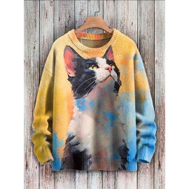 Plus Size Cat Pattern Knit Sweater, Casual Long Sleeve Crew Neck Pullover Top For Fall & Winter, Women's Plus Size Clothing