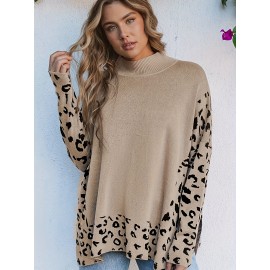 Plus Size Leopard Pattern Crew Neck Sweater, Casual Split Long Sleeve Sweater For Fall & Winter, Women's Plus Size Clothing