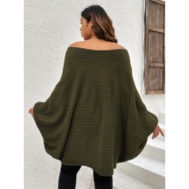 Plus Size Rib Knit Off Shoulder Batwing Sleeve Loose Fit Sweater, Women's Plus High Stretch Casual Sweater