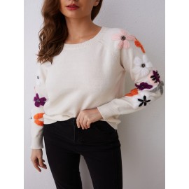 Plus Size Floral Print Knit Sweater, Casual Long Sleeve Crew Neck Top For Fall & Winter, Women's Plus Size Clothing