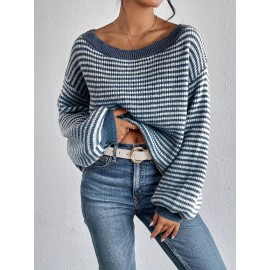 Plus Size Striped Pattern Knitted Sweater, Stylish Casual Long Sleeve Pullover Sweater For Fall & Winter, Women's Plus Size Clothing