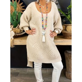 Plus Size Solid Sweater Dress, Casual Batwing Lantern Sleeve Round Neck Loose Fit Sweater Dress, Women's Plus Size Clothing