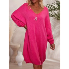 Plus Size Solid Color Sweater Dress, Casual Long Sleeve V Neck Dress For Fall & Winter, Women's Plus Size Clothing