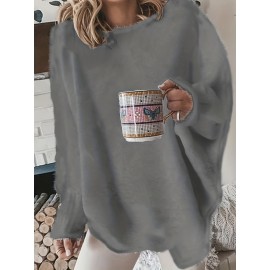 Plus Size Casual Sweater, Women's Plus Solid Fluffy Round Neck Long Sleeve Sweater